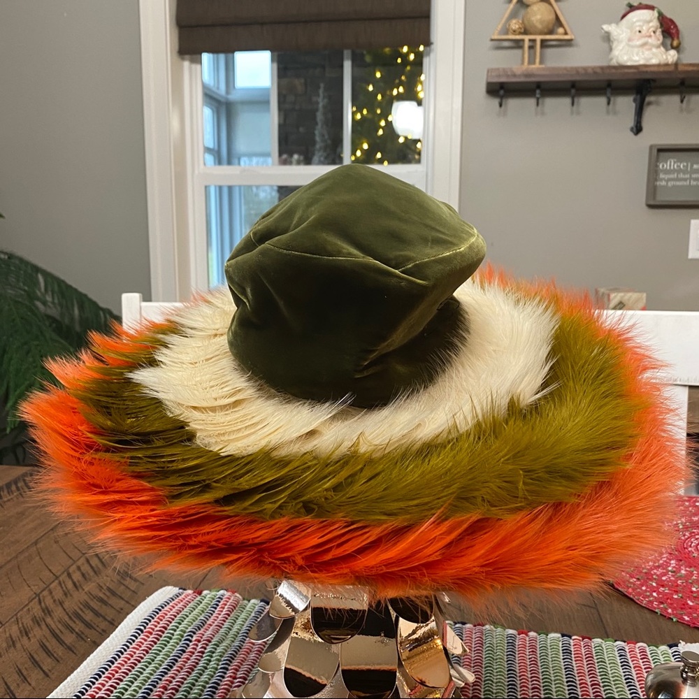Olive Green Velvet Hat with Multi-Color Faux Fur Brim